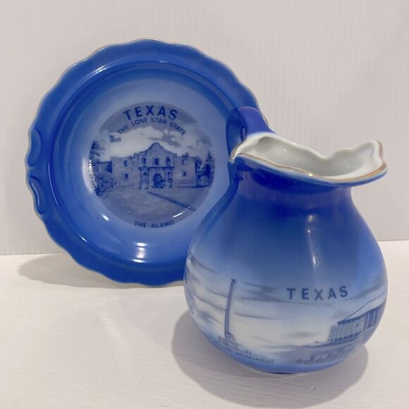 Vintage Texas Cobalt Blue The Alamo Saucer And Texas Landmarks Creamer Pitcher - Picture 6 of 15